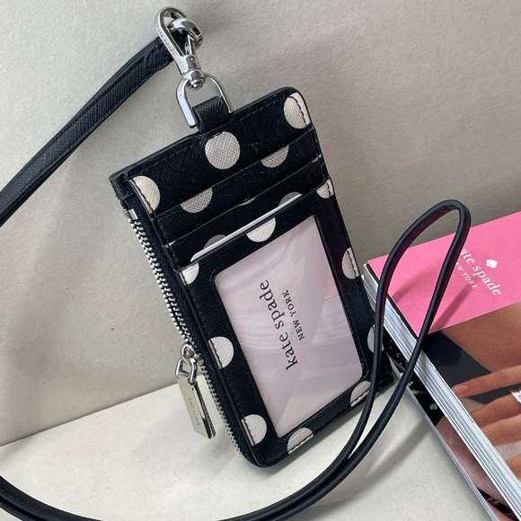 (new+tag) Kate Spade polk dot lanyard ID / card case, zip up, cash slot black - Picture 6 of 10